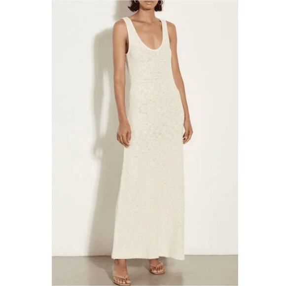 Enza Costa Dress XS Slub Knit Tank Cream Sleeveless Maxi Scoop Neck Casual  Chic
